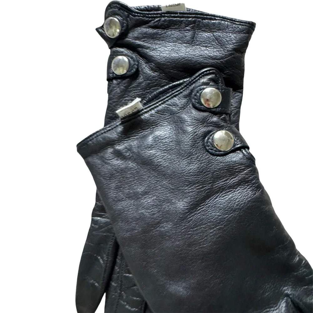 Leather Gloves Womens 6.5 Black Vintage Cashmere Lined Snap Cuff Italy 00567
